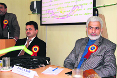 University of Kashmir Registrar Prof ZA Reshi along with other officials at the concluding day of seminar in Srinagar on Thursday. A tribune photograph