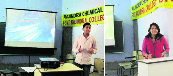 (Left) Vipin Kumar of B.Sc Part I giving his presentation on the God particle; Neha Jindal, assistant professor at Punjab Technical University Giani Zail Singh campus, Bathinda, an alumnus of Government Rajindra College, gives a motivational speech to the students on Saturday.