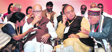 BJP leaders Sushma Swaraj, LK Advani, Arun Jaitley and Murli Manohar Joshi during partys National Council meeting in New Delhi on Saturday.