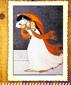 Nayika escaping the sight of clouds; Pahari, ca 1775; Bharat Kala Bhavan, Varanasi