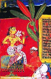 Lover bending at his beloveds feet;Detail from a Devi Mahatmya ms; Chaurapanchasika style, ca. 1554. H.P. State Museum, Shimla