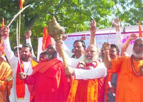 Activists of the Rashtrawadi Shiv Sena shout slogans during a demonstration against the alleged conspiracy by the Central Government to demolish 'Ram Setu (Adams Bridge), at Jantar Mantar in New Delhi on Sunday