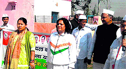 Anupama Rawat, general secretary of the womens cell of the Congress, leads the Sadhbhavna march at Lakshar in Haridwar on Sunday