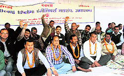 Diploma engineers hold a protest in support of their demands in Dehradun