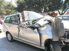 Transport Minister GS Balis Innova car damaged in an accident at the Murthal flyover on the GT Road near Sonepat on Sunday. 