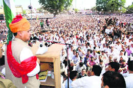 Rao Inderjit Singh at a rally in Pataudi township of Gurgaon district.