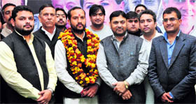Rajveer Singh, newly appointed state secretary of the Youth Congress, along with senior leaders in Jammu on Sunday.