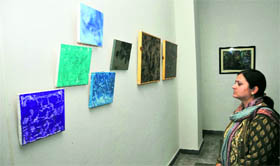 A woman looks at paintings during an exhibition of Rajinder Pal Singh at Kala Kendra in Jammu on Sunday.