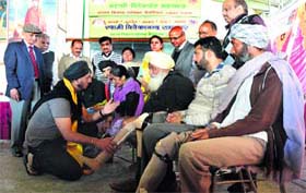 Artificial limbs being distributed by the Bharat Vikas Parishad at a camp in Ludhiana on Sunday