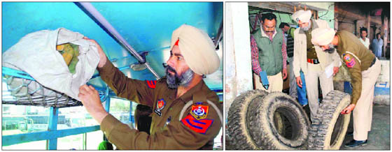 (Left) A cop checks the luggage of a passenger after the security was beefed up in the district following the recovery of detonators in Chandigarh, at the bus stand in Bathinda on Monday; police personnel ensuring that no stone is left unturned to avert any such incident at the bus stand.