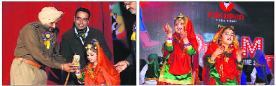 (Left) SSP Ravcharan Brar gives away a prize to a kid; children of Bachpan school present a dance item.