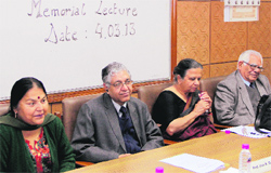 Dignitaries at the Major Jiwan Tewari Memorial Lecture at Panjab University in Chandigarh on Monday. A Tribune photograph