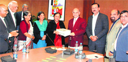 The Master Plan Committee submits the draft Chandigarh Master Plan to Adviser KK Sharma in Chandigarh. a tribune photograph 