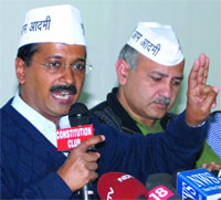 Aam Aadmi Party chief Arvind Kejriwal addresses a press conference against the rising prices of electricity and water in New Delhi on Monday. 