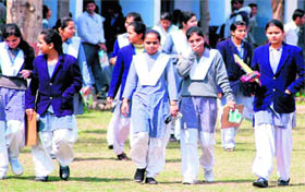 Class X students come out of an exam centre after appearing in Hindi paper conducted by the Uttarakhand Education Board in Haridwar on Monday.