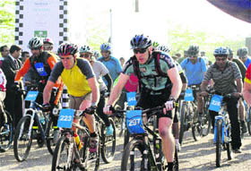 Adventure lovers participate in a mountain-biking event organised by Firelox Bikes India at Surajkund in Faridabad.