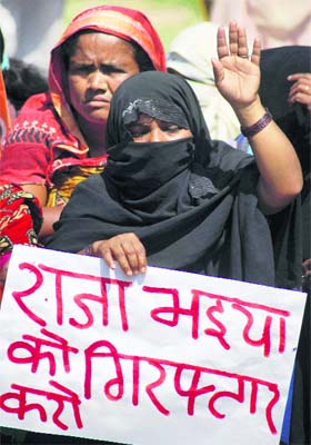 A protester demanding arrest of Raja Bhaiya in Allahabad on Monday