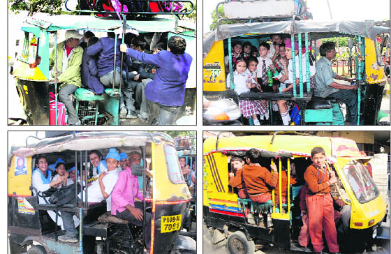Overloaded auto-rickshaws ferry schoolchildren from their schools to home in Jalandhar oblivious of the risks involved.