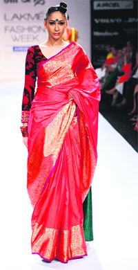 A model wears a Kanjeevaram saree