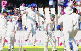 Players celebrate the dismissal of David Warner during the third day of the second Test match in Hyderabad on Monday.