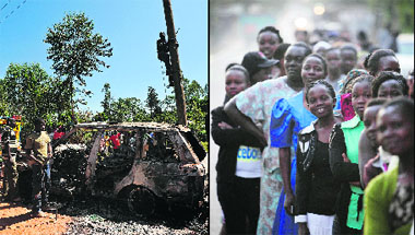 The burnt-out shell of a vehicle said to belong to Shinyalu constituency parliamentary contestant Justus Kizito Mugali who was allegedly attacked by supporters of his rival from the area Anami Silverse Lisamula on Sunday night in Kakamega; and people stand in line to vote in Kisumu, western Kenya, on Monday.