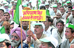 Activists of the Bharatiya Kisan Union hold placards clamouring for an amendment to the Land Acquisition Act, on Parliament Street in New Delhi on Tuesday. Tribune photo: Manas Ranjan Bhui