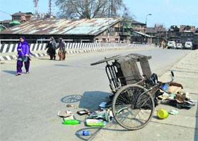 A deserted street following a protest by Mutahida Majlis-e-Mashawrat at the old city in Srinagar on Tuesday