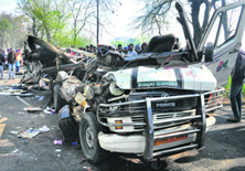 The mangled remains of the school van that met with an accident. 