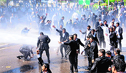 The police uses water cannons to stop lawyers outside the Raj Bhawan in Chandigarh on Wednesday