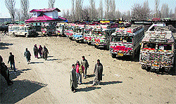 Commuters at a deserted bus stand during curfew restrictions in Srinagar on Wednesday