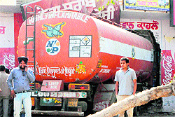 The truck that rammed into a couple of shops after hitting a tractor-trolley near the Fatehgarh Churian bypass in Amritsar on Thursday