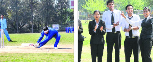 A visually impaired player in action; and (right) students of the UIHMT cheer the players during a cricket tournament for the blind at Panjab University in Chandigarh on Thursday.