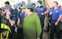 Members of the Australian cricket team arrive at the airport in Chandigarh on Thursday.