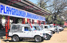 Police vehicles parked at the mini stadium of Parade in Jammu on Thursday. 