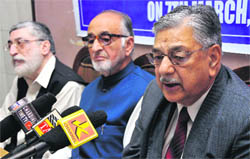 Members of the JK Voluntary Health Association address mediapersons in Jammu on Thursday.
