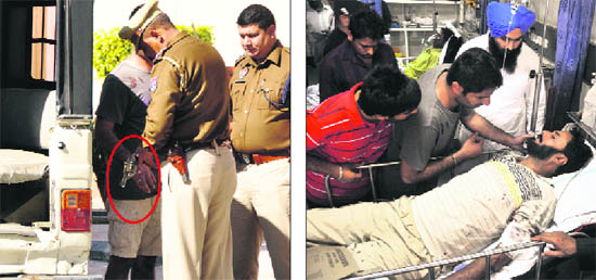 A policeman checks the weapon used in the crime; and (right) the victim at a hospital in Ludhiana on Thursday.