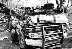 The mangled remains of a school van in Jalandhar