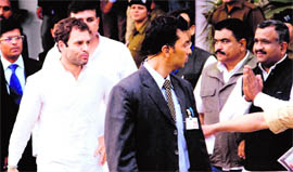 Congress vice-president Rahul Gandhi comes out after addressing NSUI workers.