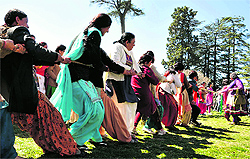 Women take part in a tug-of-war on International Womens Day in Shimla on Friday