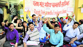 Members of the Punjab State Suwidha Employees Union hold a dharna in front of the Suvidha Centre at the DC Complex in Jalandhar on Friday.