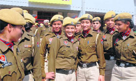 freshly recruited women constables rejoice after a police-public interaction at the college in Jalandhar on Friday.