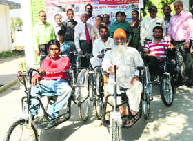 The tricycles that were distributed among the disabled by the Bhagwan Mahavir Sewa Sangh on Friday.
