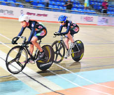 Indias Deborah and Jashanjit Kaur seen in action at the Asian Cycling Championship in New Delhi on Friday. 