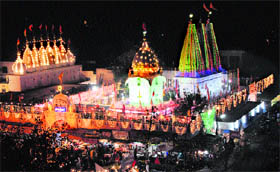 An illuminated temple on the eve of Maha Shivratri in Amritsar.