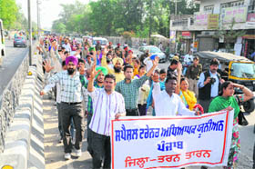 Special trainer teachers from across the state take out a protest march in support of their demands in Bathinda on Saturday.
