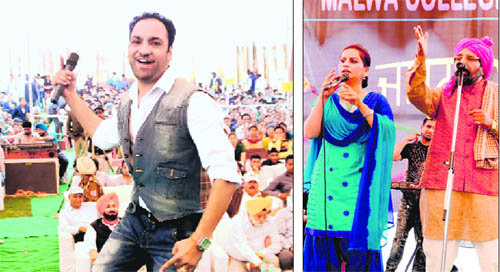 (Left) Punjabi singer Harjit Harman performs during Jashan-2013 at Malwa College in Bathinda on Friday; comedian Gurdev Dhillon, alias Bhajana Amli, and Shanti regale the audience during the event. 