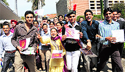 tudents of Post Graduate Government College, Sector 11, in a jubilant mood after receiving degrees at a prize distribution function in Chandigarh on Saturday