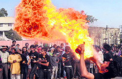 Stunts by devotees marked the Shobha Yatra taken out on the eve of Maha Shivratri in Jammu on Saturday