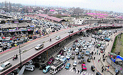 An aerial view of a traffic intersection in Srinagar on Saturday
