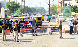 Barricades were installed at the Bibiwala Chowk to seal one of the entry points to the city